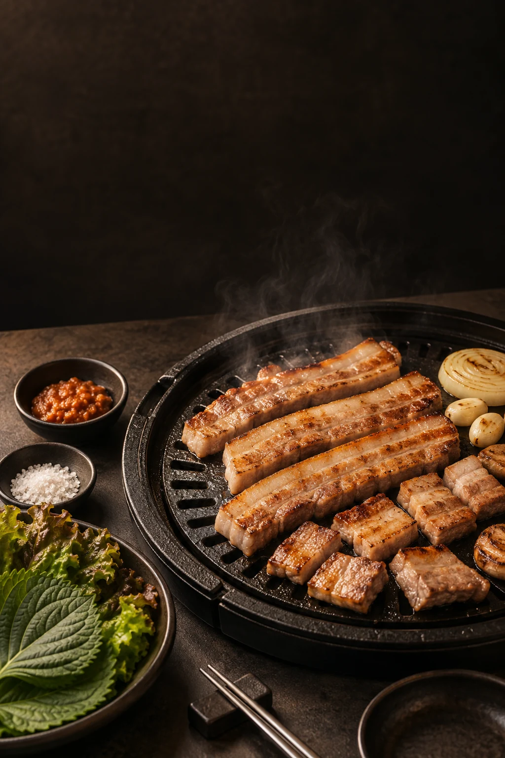Korean pork belly on a grill with lettuce and dipping sauce