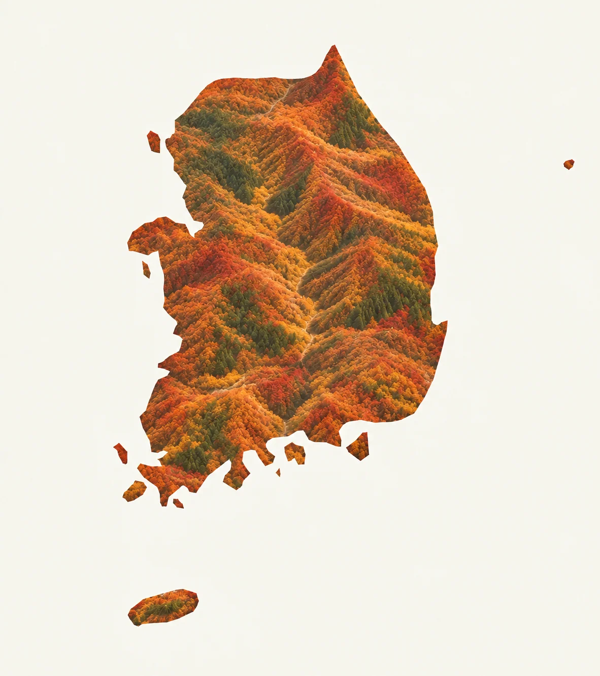 AI-generated autumn landscape map of South Korea, based on a Natural Earth coastline reference; decorative foliage, not live conditions.