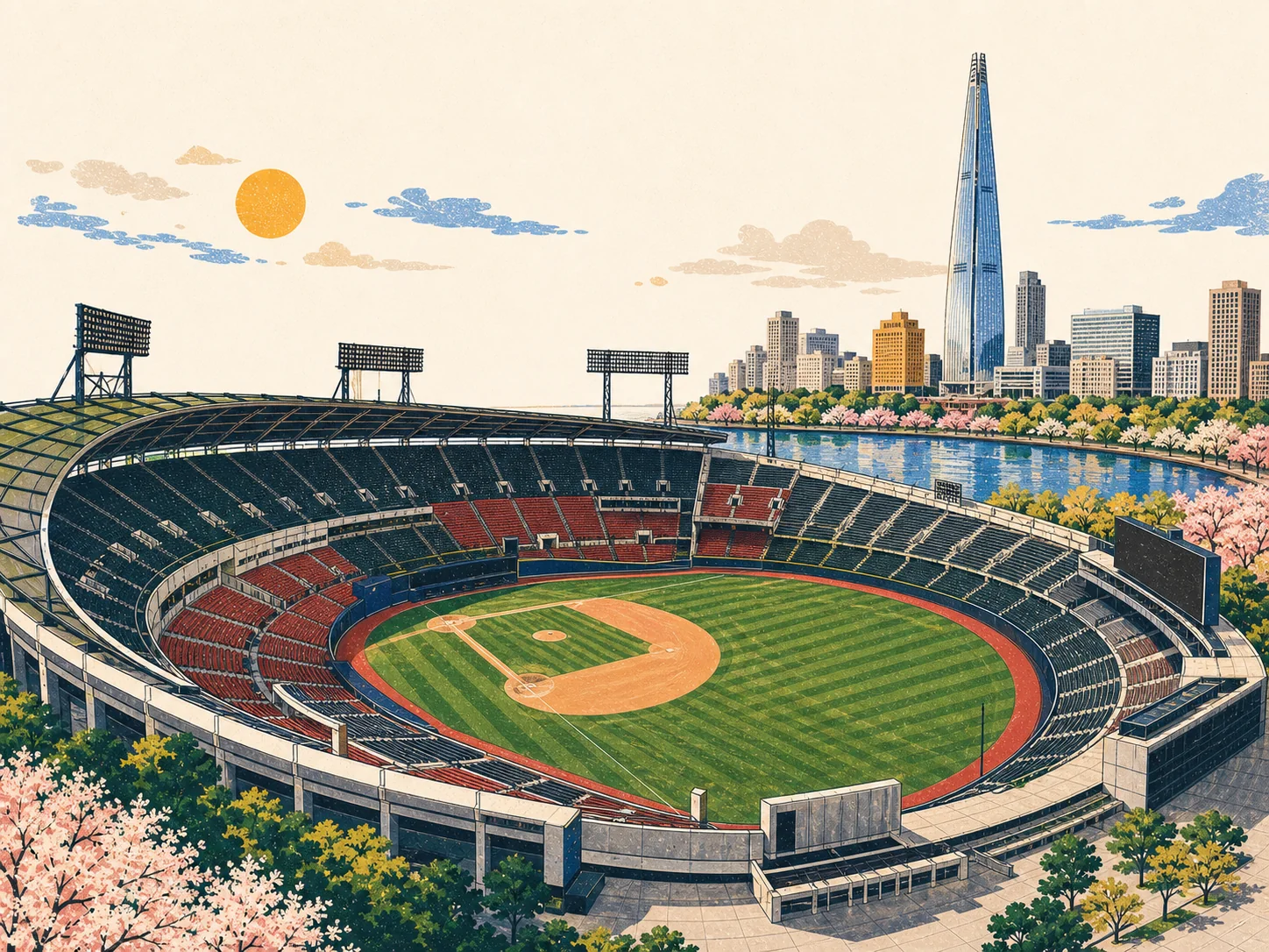 An illustration of Korean baseball, with a stadium and Seoul skyline