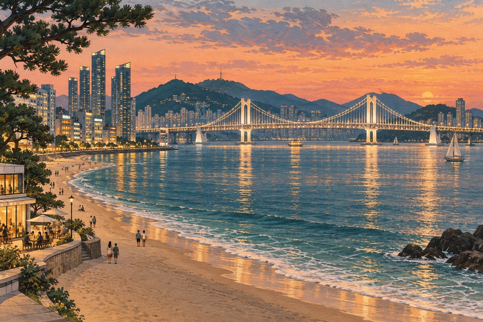 Illustration of Gwangalli Beach and Gwangan Bridge in Busan