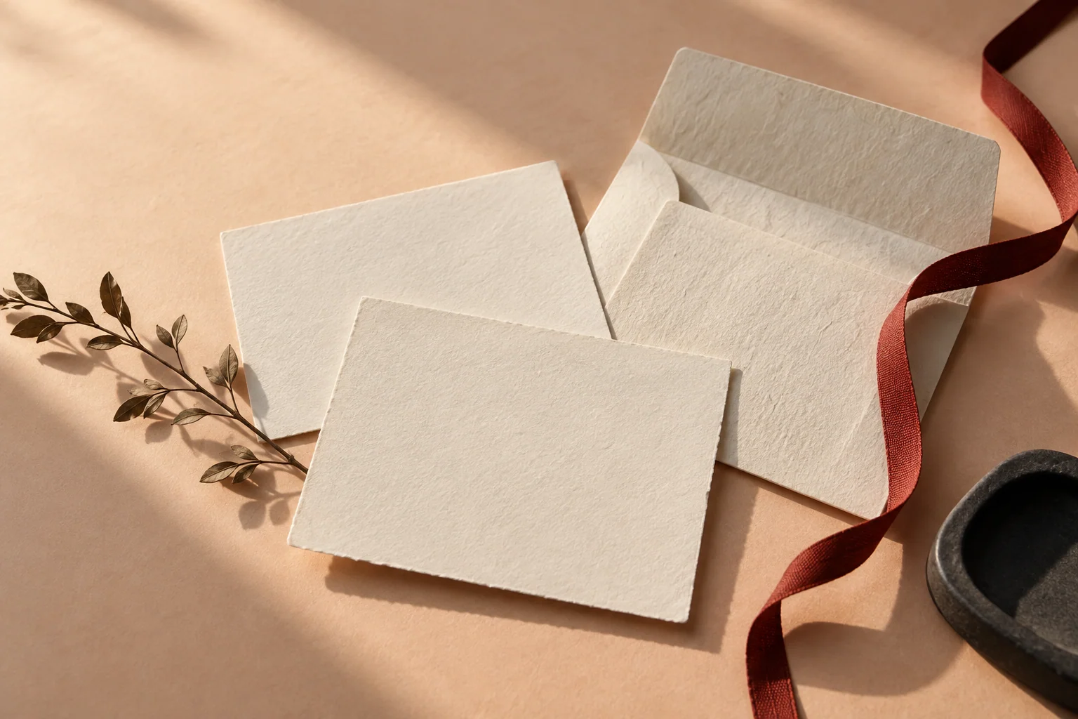 Illustration of stationery and a red ribbon