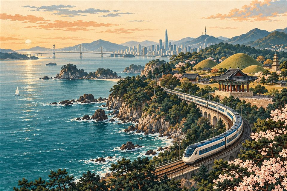An illustrated journey through Korea, with a coastal train, pavilion and mountains