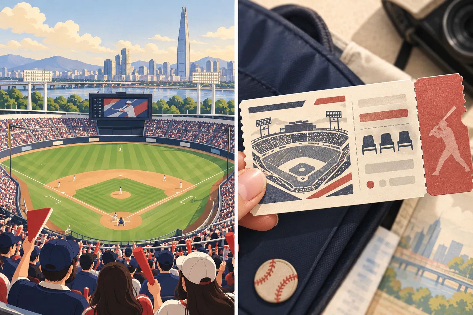 Illustration of Jamsil stadium and a baseball ticket