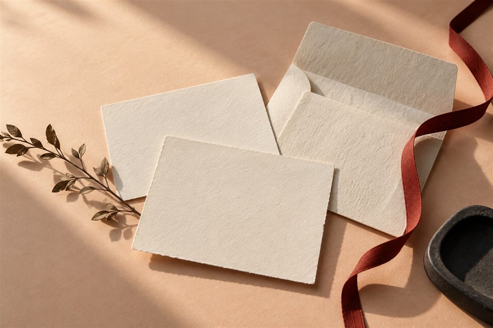 Textured stationery, an envelope and a deep red ribbon