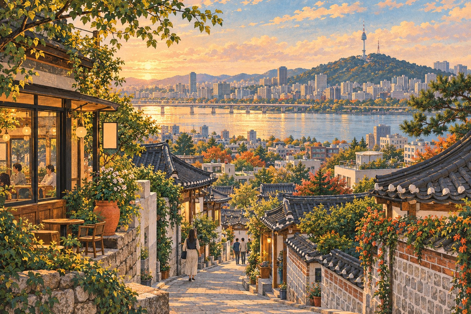 An illustrated Seoul hillside lane overlooking the Han River and Namsan